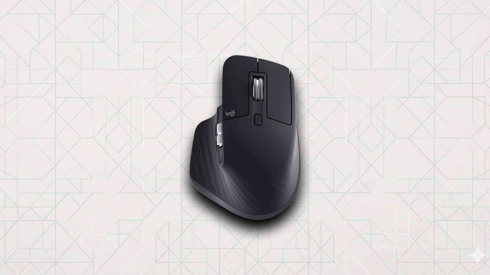 Logitech MX Master 3S centered on The Setup Loft geometric background