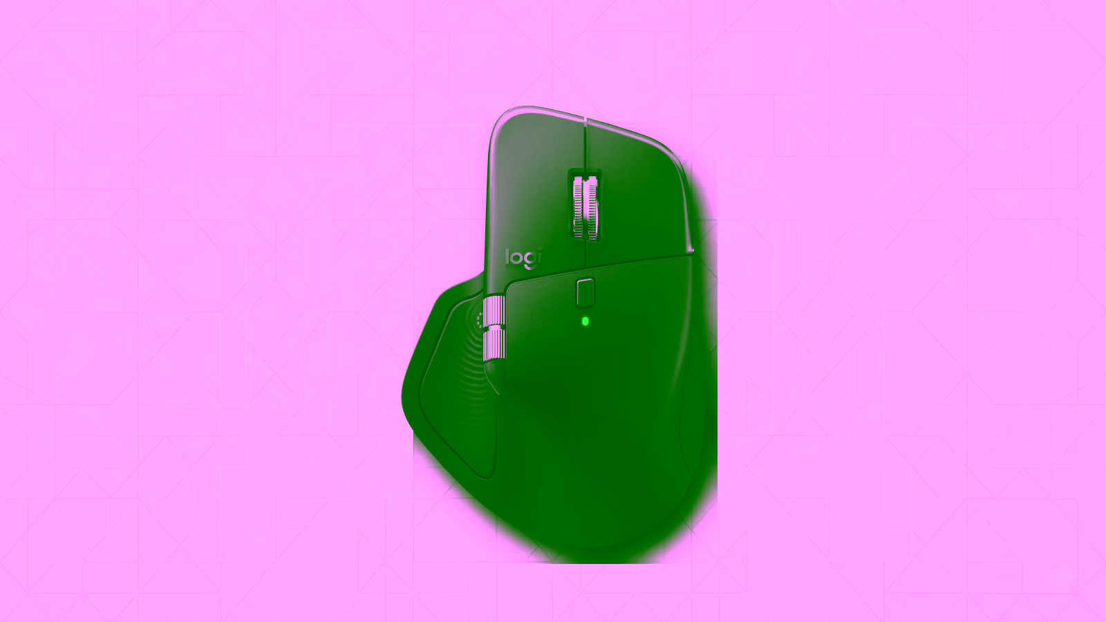 Logitech MX Master 4 centered on The Setup Loft geometric background