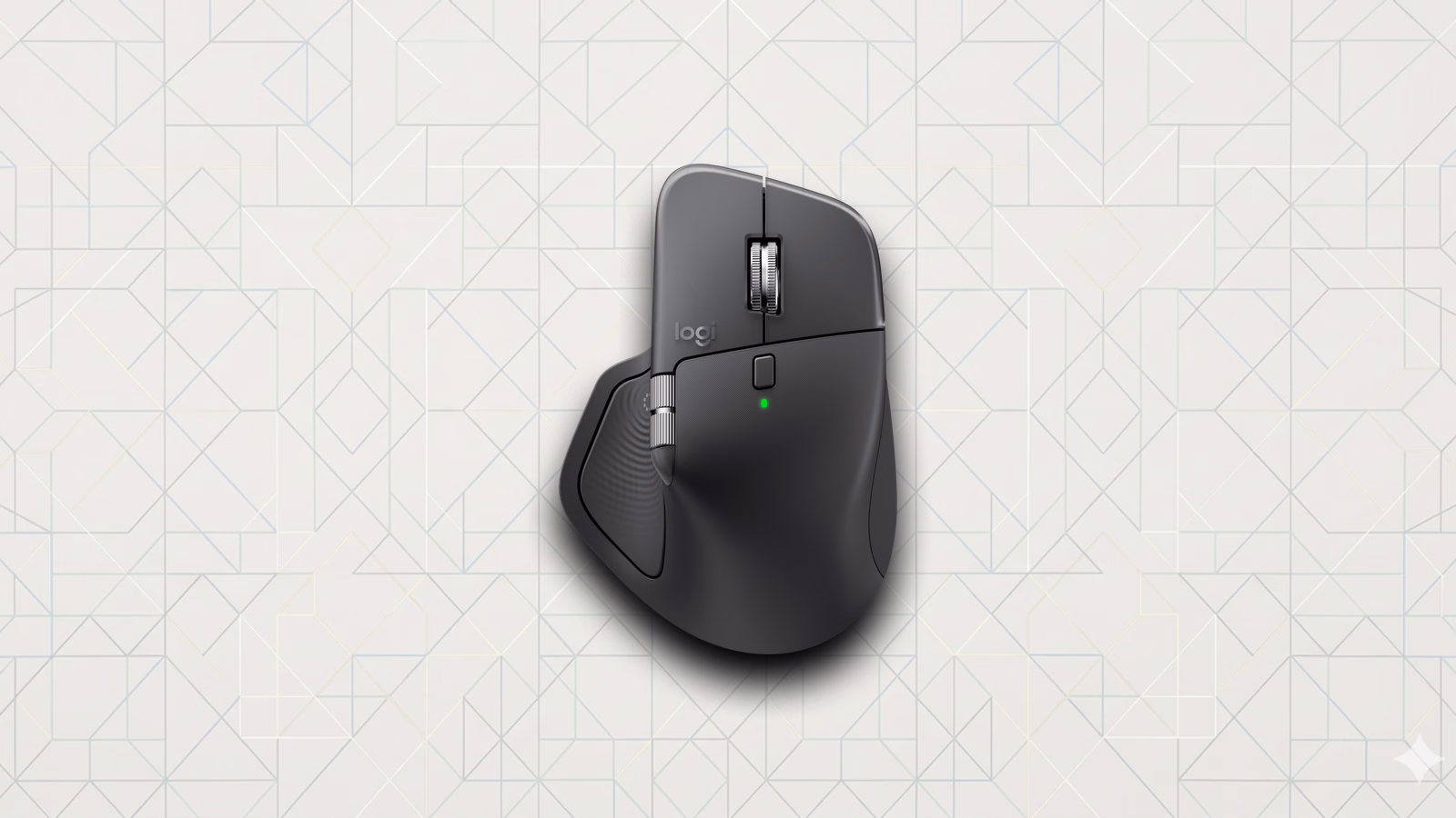 Logitech MX Master 4 centered on The Setup Loft geometric background