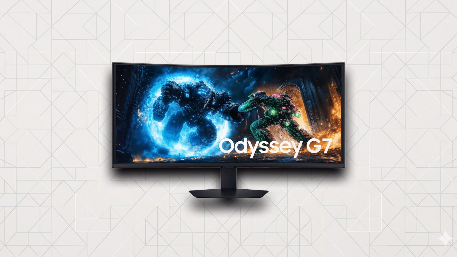Samsung Odyssey G7 G75F 40-inch curved ultrawide monitor centered on The Setup Loft geometric background.